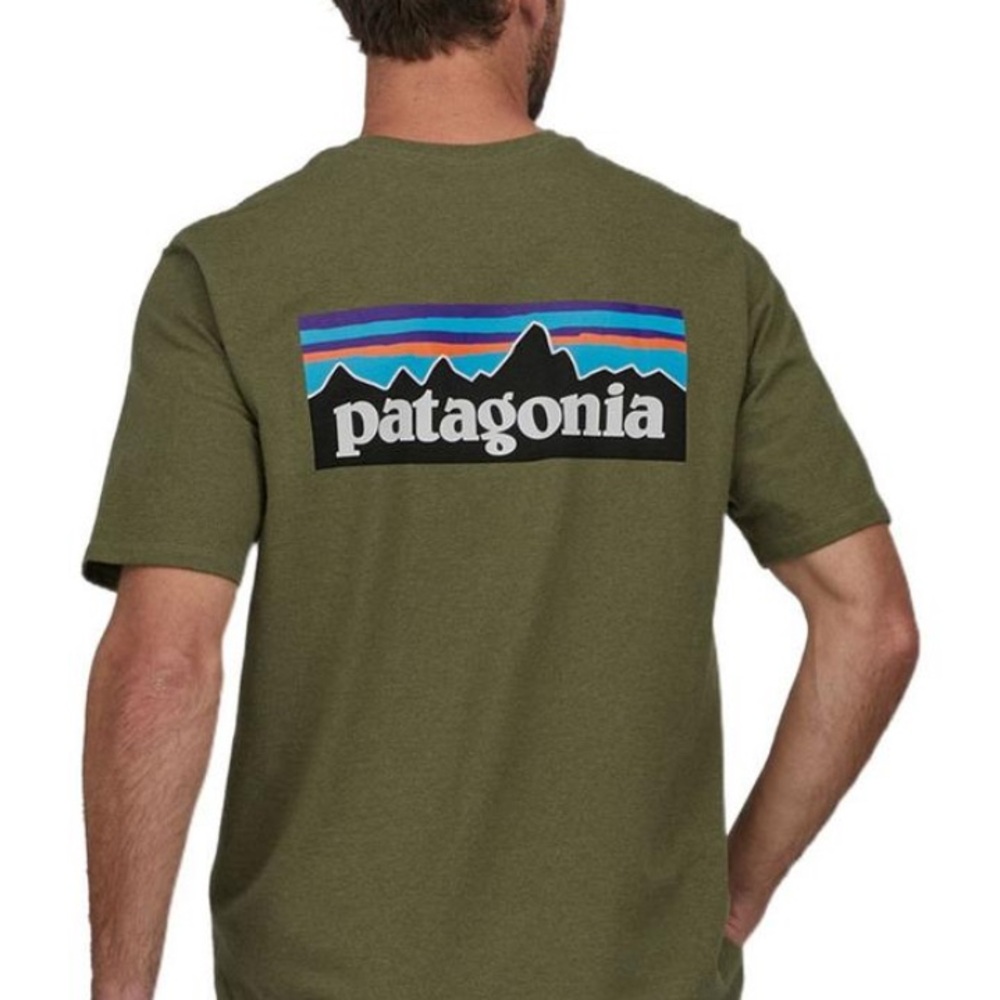 Patagonia Men's Small Olive Green T-Shirt Brand On Back Colorful Graphic Design